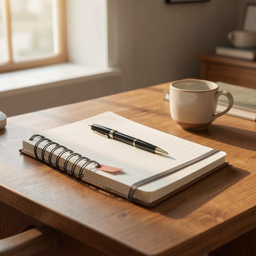 Editorial desk arrangement with notebooks, a fine pen, and a ceramic cup in a quiet workspace under morning light