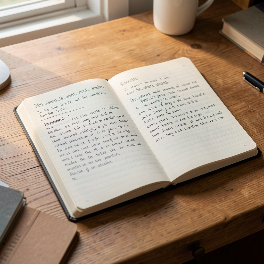 Open notebook resting on a wooden desk in soft morning daylight, pages half-filled with handwritten observations