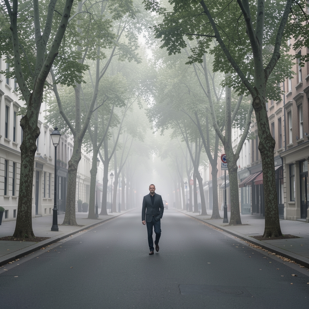 Narrow London street in early morning with soft grey light filtering through plane trees, a lone figure walking at a steady pace