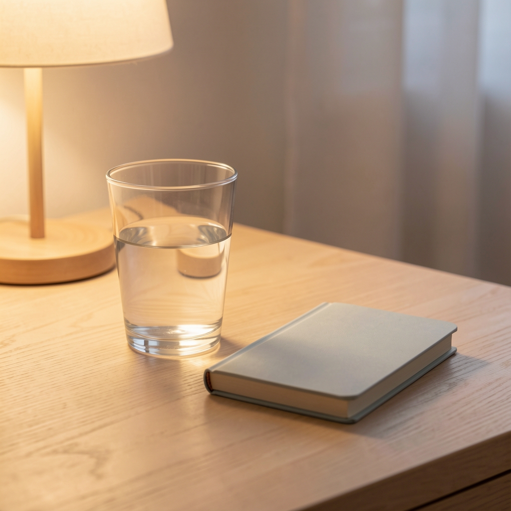 Glass of water and a small notebook placed on a light wooden surface in soft warm lamp light before dawn