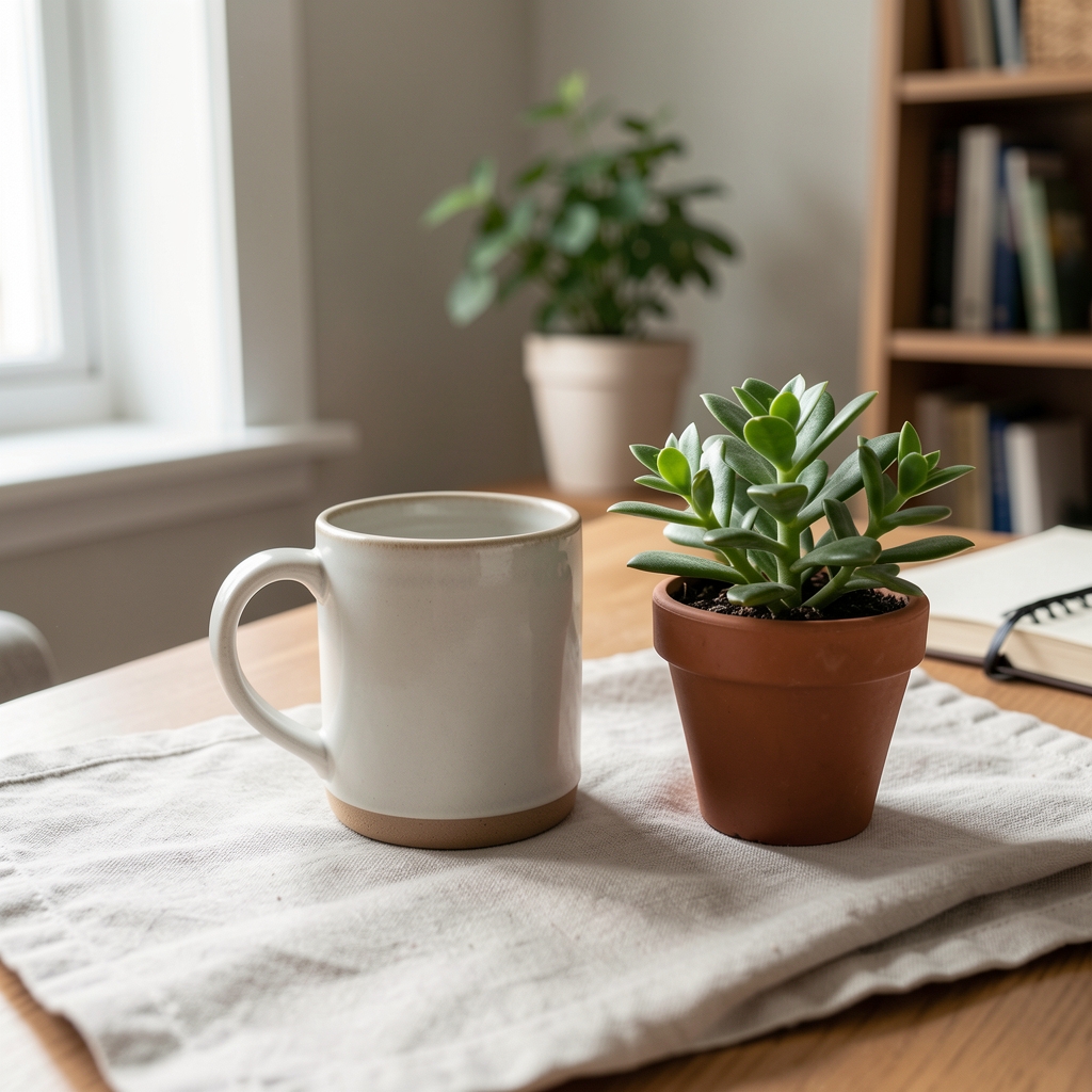 Ceramic mug and small potted plant arranged on a light linen cloth in a quiet workspace with diffused natural light