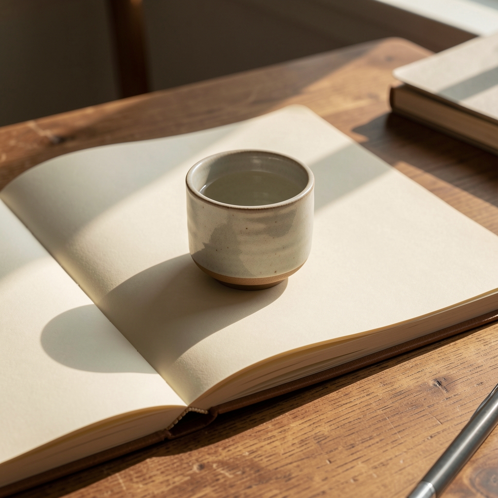 Small ceramic cup resting on an open notebook on a wooden desk, early afternoon light casting a long shadow across cream-coloured pages