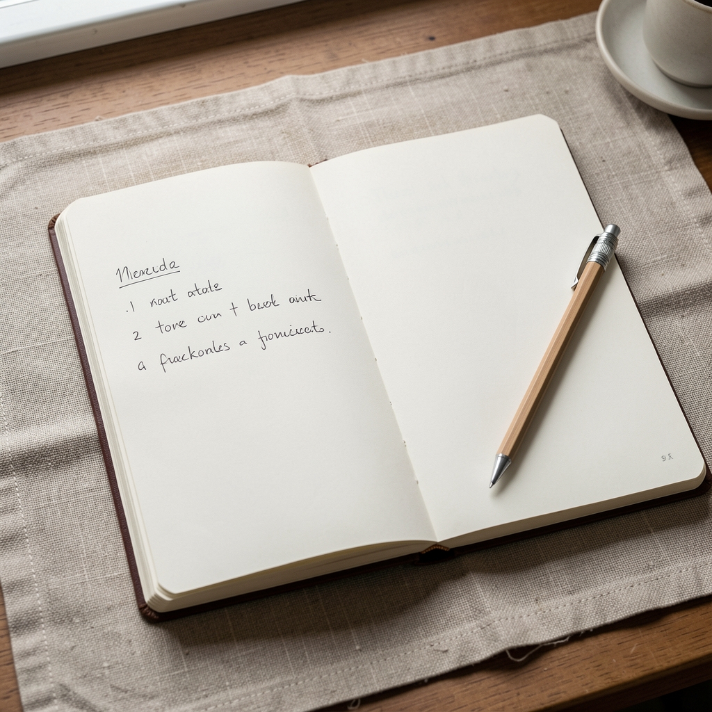Open notebook with sparse handwritten log entries on a linen desk mat, a simple mechanical pencil resting in the gutter of the pages