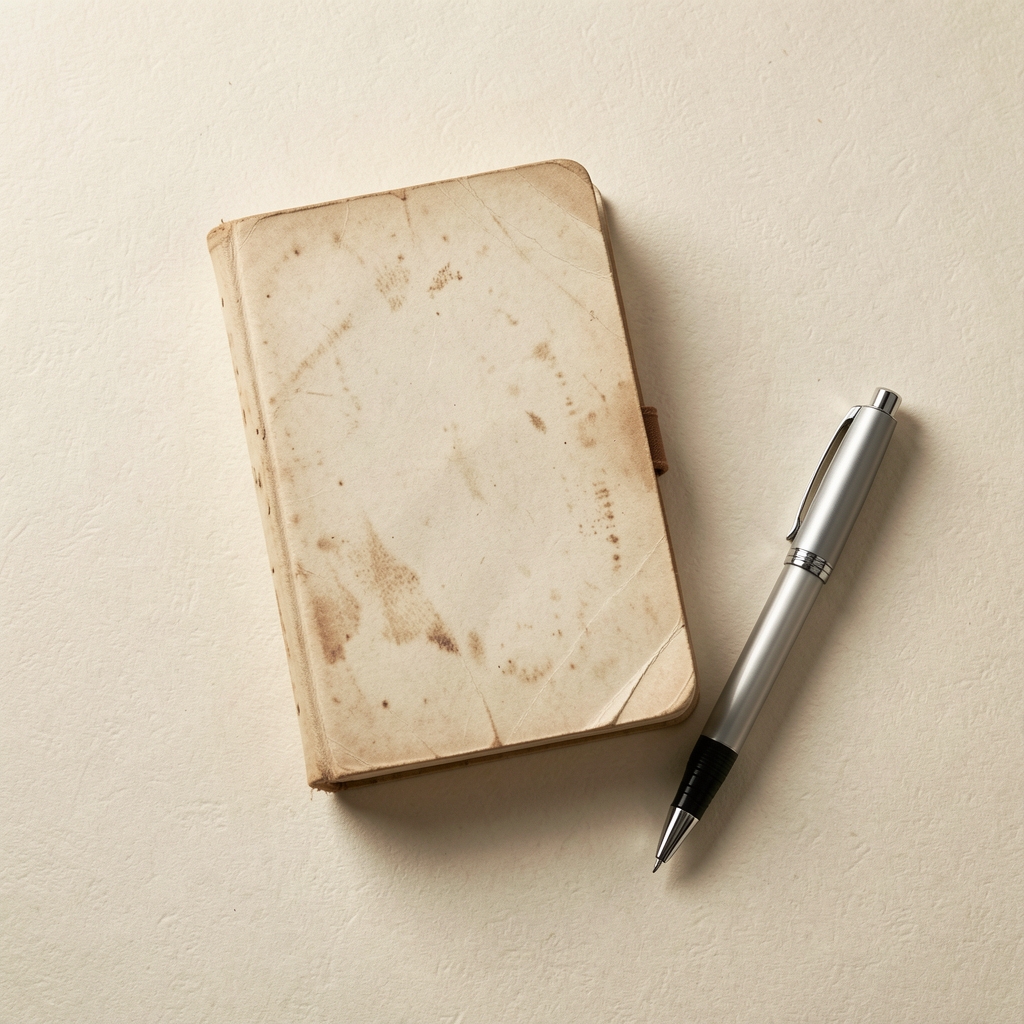 Flat lay of a well-worn daily planner and a fine-tipped pen on textured cream paper in a considered composition with soft shadow