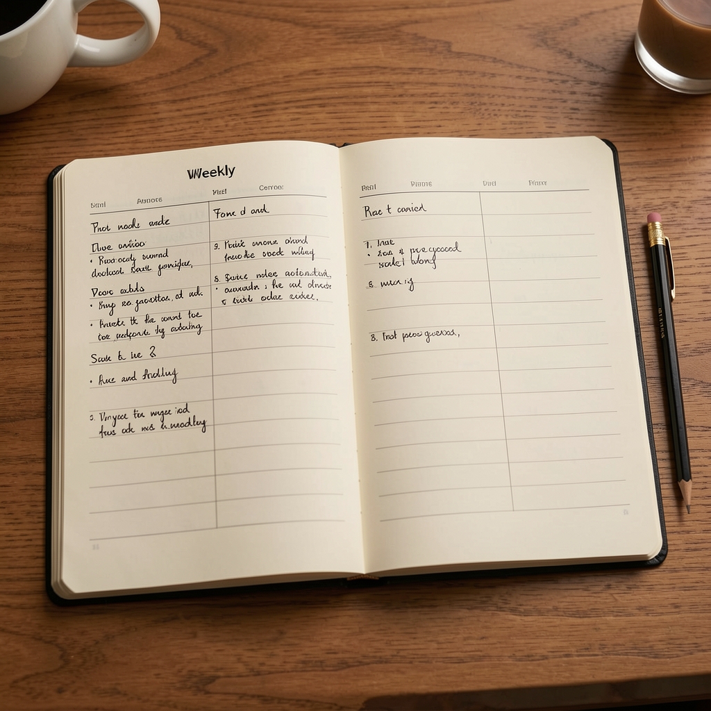 Two-column weekly planner open on a desk, columns filled with sparse handwritten notes in dark ink on cream-coloured paper, a pencil resting alongside