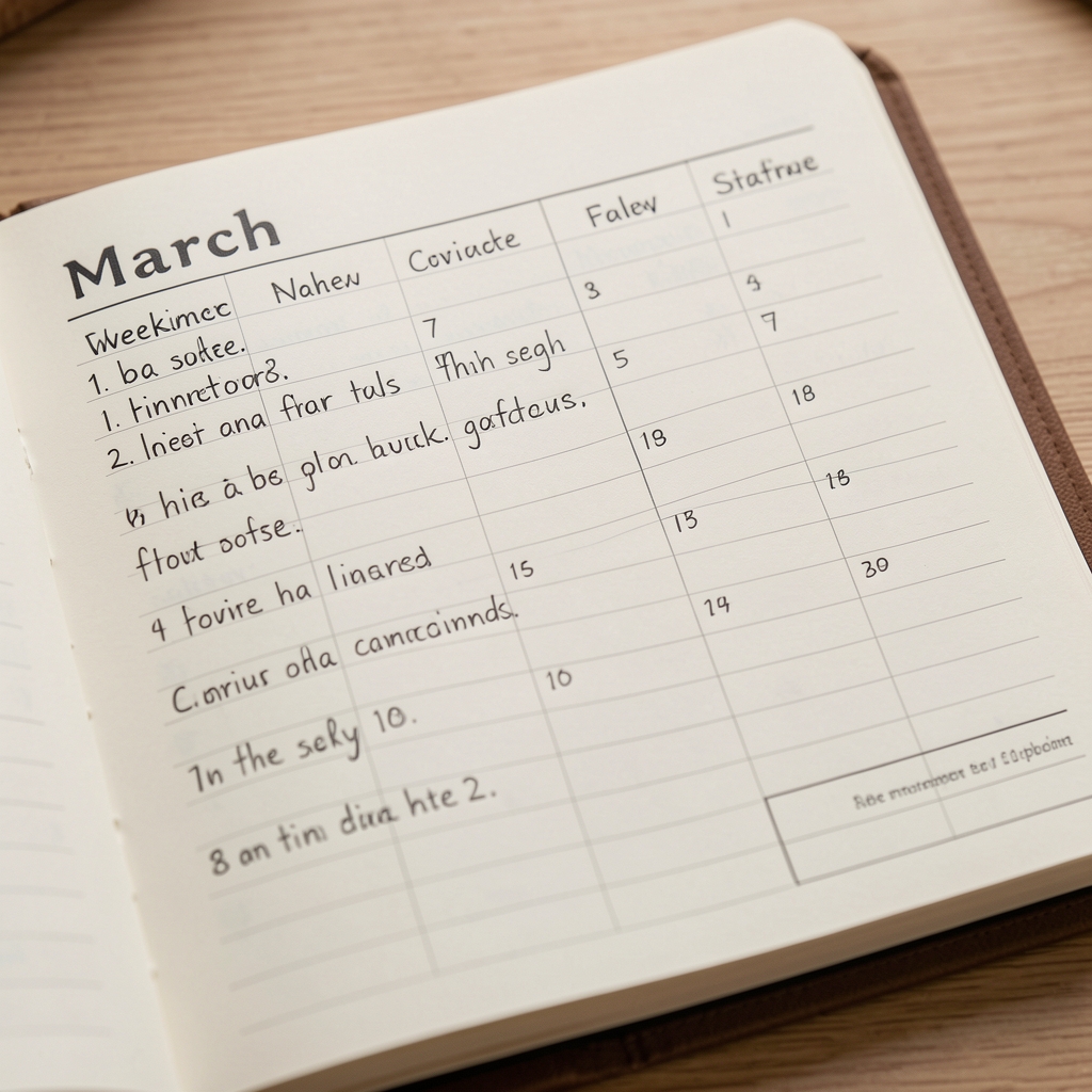 Close view of a completed weekly planner page for March, handwritten entries showing a settled rhythm of activity noted in sparse, regular notation
