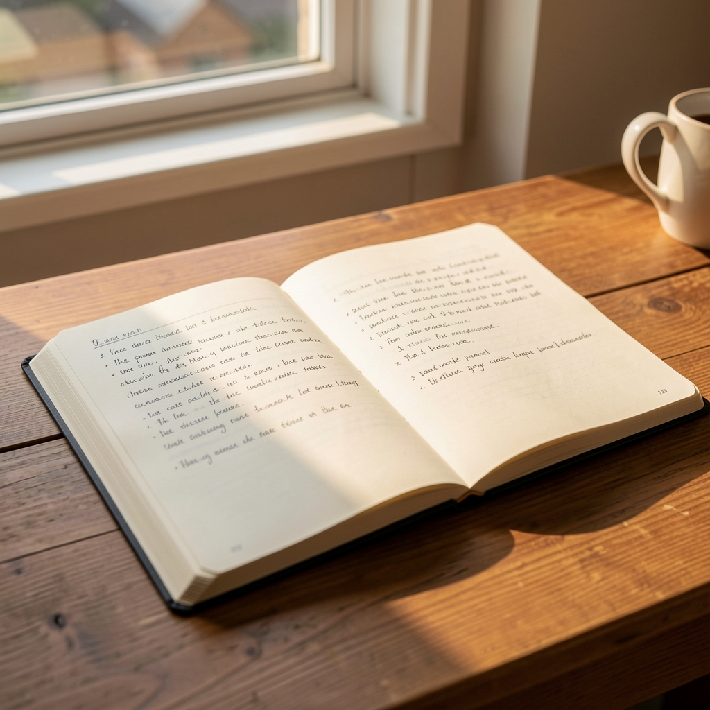 Open notebook resting on a wooden desk bathed in warm morning sunlight streaming through a window, pages half-filled with handwritten notes